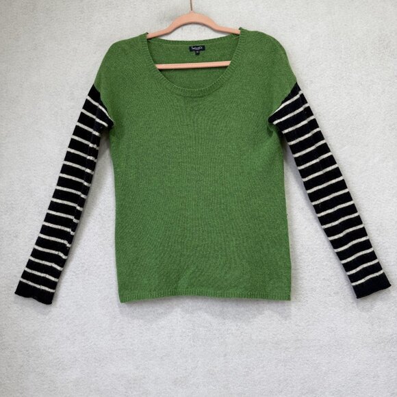 Splendid Sweater Womens Medium Green Black Stripe Wool Blend Crewneck Pullover - Picture 1 of 8